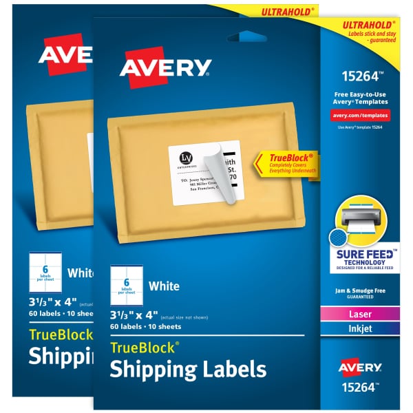 Avery TrueBlock Shipping Labels, Sure Feed Technology, Permanent Adhesive, 3-1/3