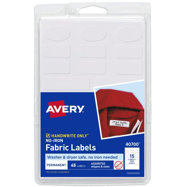 Avery Kids No-Iron Fabric Labels, Handwrite Only, Assorted Shapes and Sizes, White, 15 Labels/Sheet, 3 Sheets/Pack
