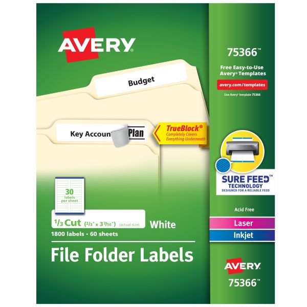 Avery TrueBlock File Folder Labels - 2/3 X 3-7/16 White/Orange Printable Labels, 750 Permanent Adhesive Sheets
