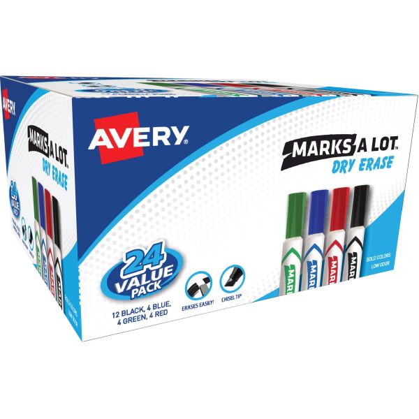 MARKS A LOT Desk-Style Dry Erase Marker Value Pack, Broad Chisel Tip, Assorted Colors, 24/Pack (98188)