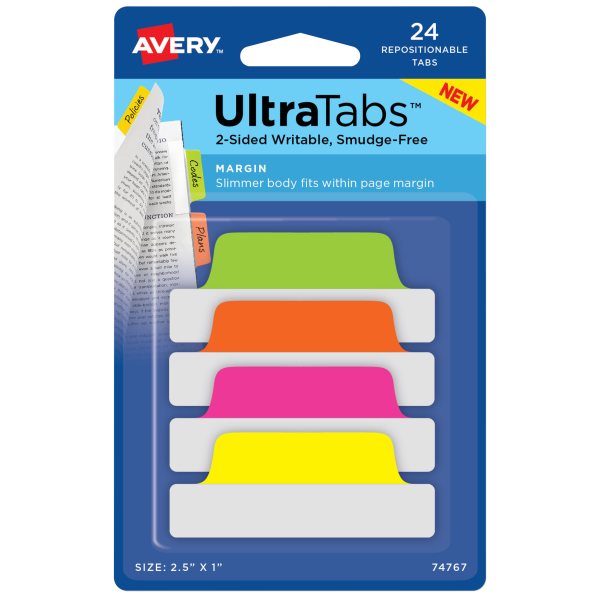 Ultra Tabs®, Neon, 24 Margin Tabs, 2.5" x 1"