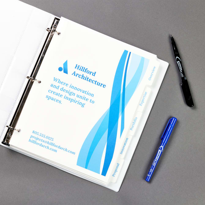 Dynamic blue meeting supplies template for customizing Avery 11511 5-tab printable dividers. 