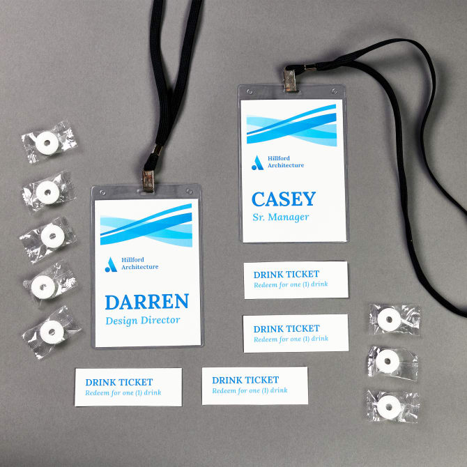 Dynamic blue template for Avery 8520 name tag meeting supplies.