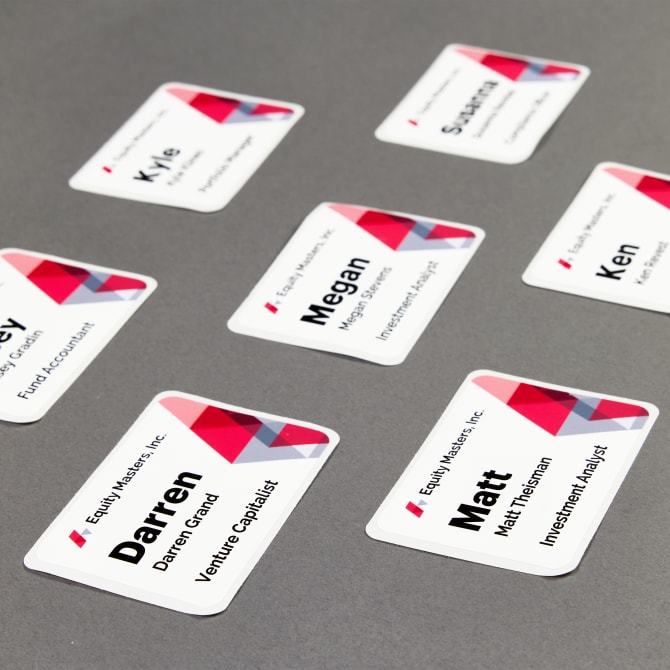Bold, graphic red design template for Avery 8395 adhesive name badge meeting supplies.