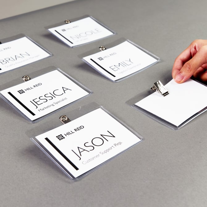 Black and white, minimalist design for Avery 74541 clip-style name tag meeting supplies.