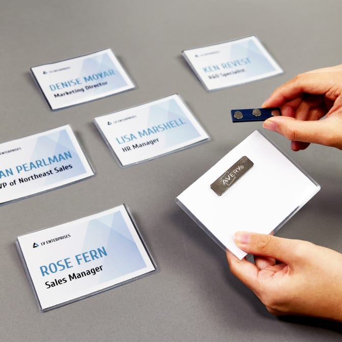 Avery 8780 name tag meeting supplies featuring a magnetic attachment style and minimalist blue design template. 