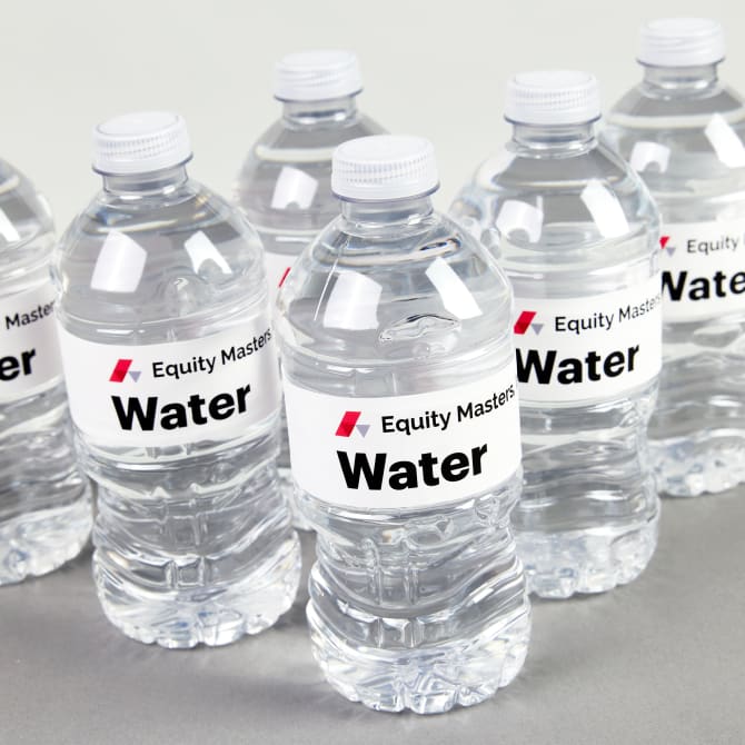 Bold, graphic red water bottle labels for meeting supplies printed on Aver 22845 waterproof labels.