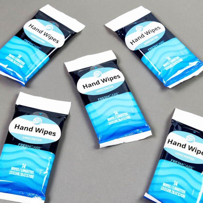 Graphic, aqua hand wipe label design for Avery 22570 oval labels.