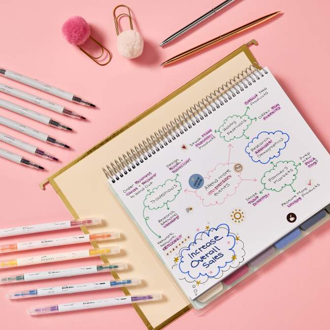 An example of how to write goals in a diary or journal using the mind mapping technique.