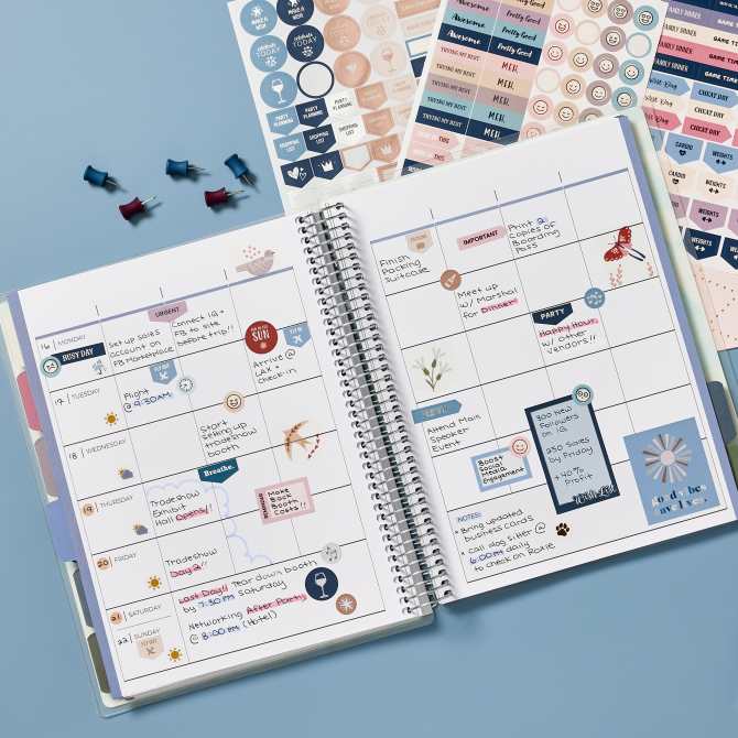 An example of a monthly planner spread Avery 6777 productivity-themed planner sticker pack. 