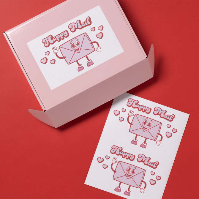 A pink box with a cute packaging sticker featuring a smiling envelope character surrounded by hearts and the text 'Happy Mail.' Next to the box is a sheet with identical stickers, displaying the same design and phrase.