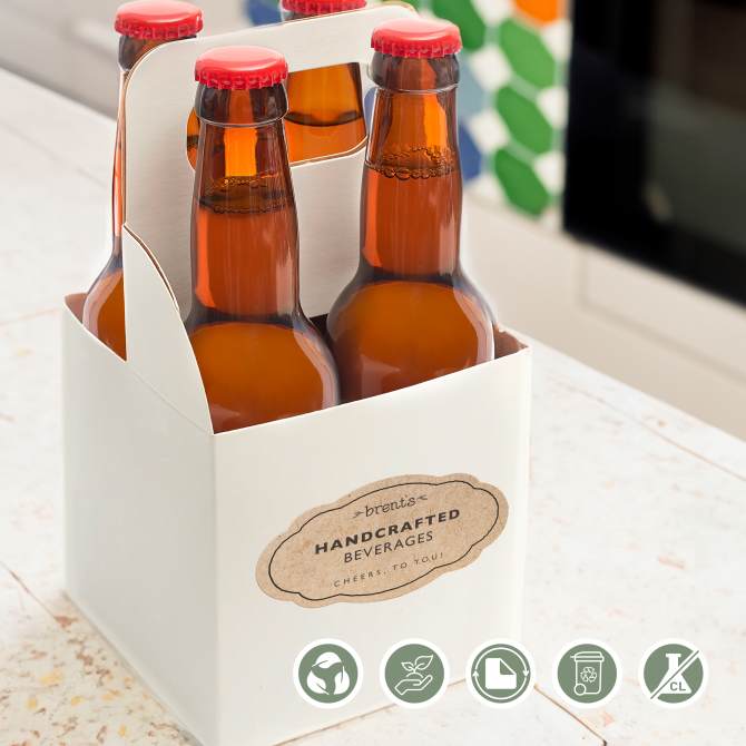 An example of packaging labels for beverages. Four bottled beverages are in a cardboard carrier with a branded label. 