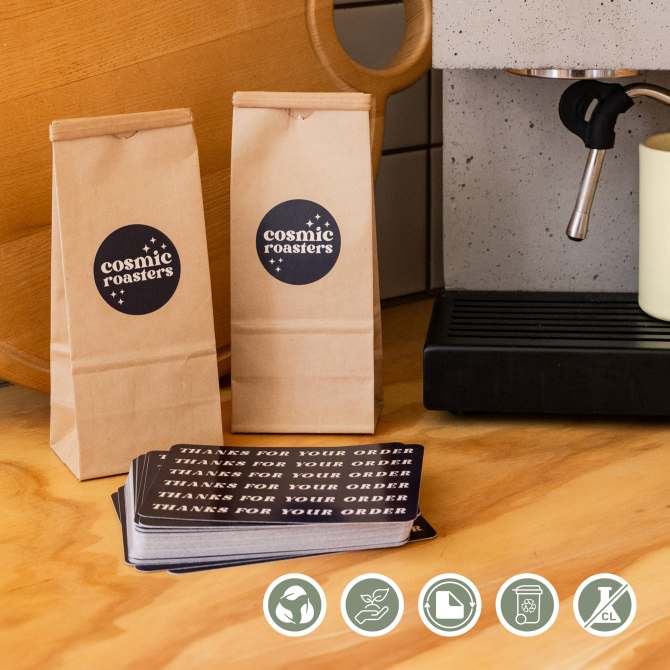 An example of coffee packaging using brown paper bags and eco-friendly round labels. 