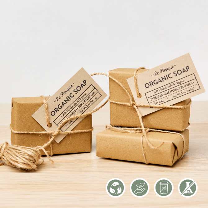 Eco-friendly soap packaging with brown Kraft paper and Avery Kraft tags (80517).