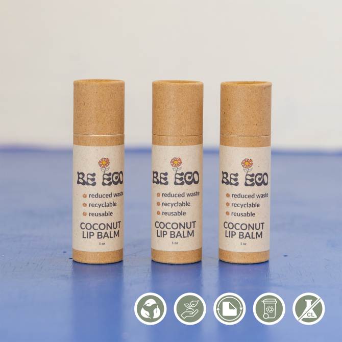 Eco-friendly cosmetic packaging labels for lip balm featuring Avery 22846 labels.