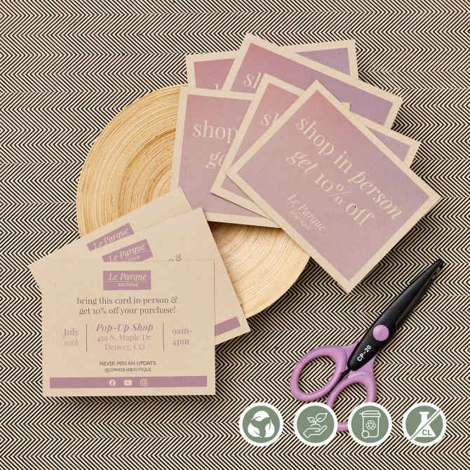 Event promo cards to promote small business made with Avery Kraft brown eco-friendly postcards 5629.