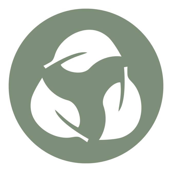 The image shows a green circular icon featuring a recycling symbol made of three interconnected leaves.