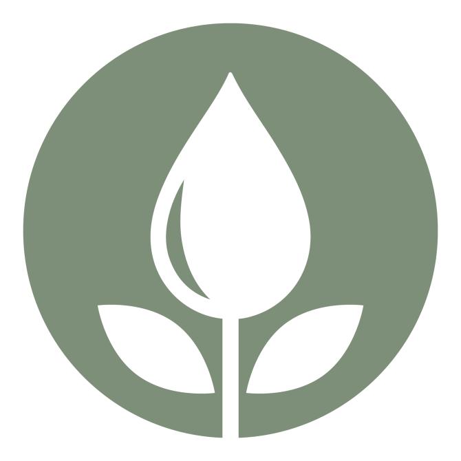 The image shows a green circular icon featuring a plant with a water droplet as the flower head.