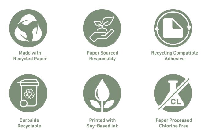 The image features six icons highlighting Avery eco-friendly product attributes: 1) Made with recycled paper, 2) sourced responsibly, 3) uses recycling-compatible adhesive, 4) is curbside recyclable, 5) printed with soy-based ink, and 6) processed chlorine-free. Each icon visually represents these features with symbols such as a recycle sign, a hand holding a plant, a piece of paper with recycling arrows, a recycling bin, a leaf, and a laboratory flask with "CL" crossed out. 