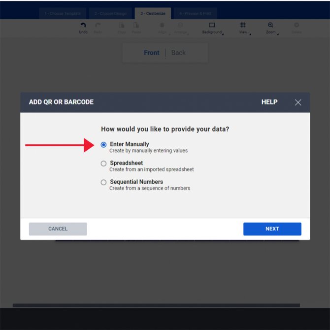 The image shows a pop-up window in the Avery Design & Print Online (ADPO) interface titled "ADD QR OR BARCODE." The window asks, "How would you like to provide your data?" and offers three options: "Enter Manually," "Spreadsheet," and "Sequential Numbers." A red arrow points to the first option, "Enter Manually," which is selected by default, allowing users to manually enter the values for their QR code or barcode. The "NEXT" button at the bottom right is highlighted in blue, ready to proceed, while a "CANCEL" button is available at the bottom left.