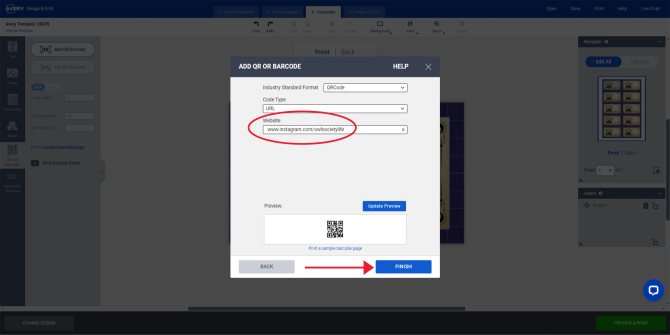 The image shows a pop-up window in the Avery Design & Print Online (ADPO) interface titled "ADD QR OR BARCODE." The window is set to the "QRCode" format under "Industry Standard Format." A dropdown menu labeled "Code Type" is open, displaying options like "Text," "Email," "URL," "Phone Number," "vCard," and "MeCard." The "URL" option is highlighted and circled in red, indicating that the user has selected this option to create a QR code that links to a URL. 