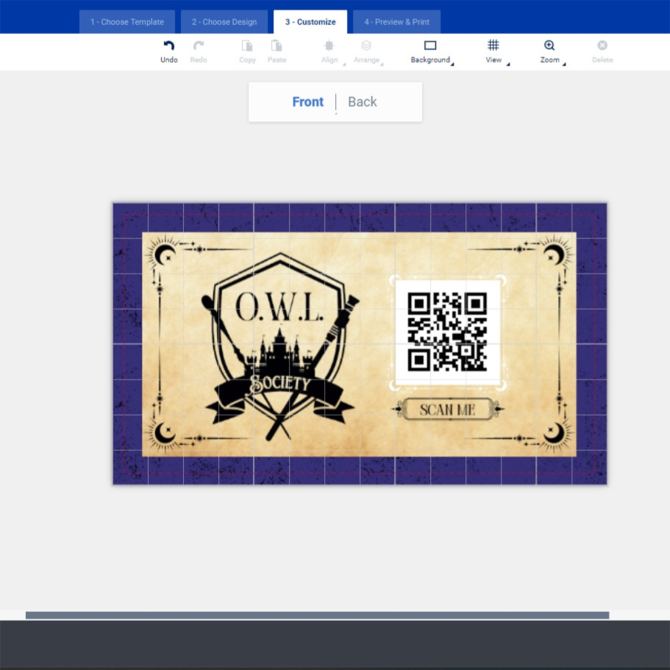 The image displays a business card design in the Avery Design & Print Online (ADPO) interface, showing how the QR code has been moved and resized.