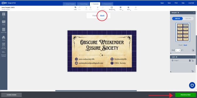 The image displays the back side of a business card design in the Avery Design & Print Online (ADPO) interface. The card is for the "Obscure Weekender Leisure Society" and has a vintage aesthetic. The back includes contact information such as a website, email, and social media handles, all aligned in two rows of icons and text. The interface shows that the user is in the "Customize" stage, with the option to switch between the "Front" and "Back" of the card, highlighted in the center with the "Back" option circled in red. The right side of the screen features a preview of the entire sheet of cards and layers. A red arrow at the bottom right points to the green "PREVIEW & PRINT" button, indicating the next step in the process. The design tools, like "Text," "Image," "Shape," and "QR and Barcodes," are visible on the left side of the screen.