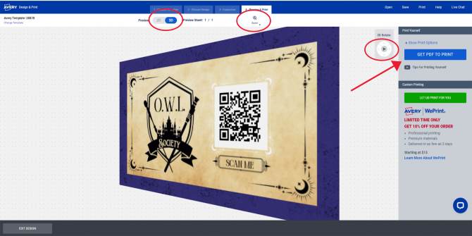 The image shows the final stage of the business card creation process in the Avery Design & Print Online (ADPO) interface, where the user is previewing the card in 3D. The card displayed features the "O.W.L. Society" design with a QR code prominently on the right side. The interface options at the top allow the user to switch between "2D" and "3D" views, with "3D" currently selected and circled in red. On the right side, there is an option to rotate the 3D preview, circled in red, and buttons to "GET PDF TO PRINT" or use Avery's WePrint service, highlighted in green. The red arrow points to the "GET PDF TO PRINT" button, indicating the next step for printing the cards. The design tools are minimized, and the card is shown with a slight rotation to showcase its 3D appearance.