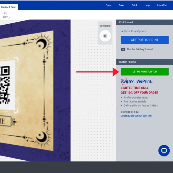 The image shows a section of the Avery Design & Print Online (ADPO) interface during the final stage of a business card creation process. It highlights the "Custom Printing" section that offers a green button labeled "LET US PRINT FOR YOU," directing users to Avery's WePrint service, A red arrow points to the "LET US PRINT FOR YOU" button, indicating the option to have Avery handle the printing.