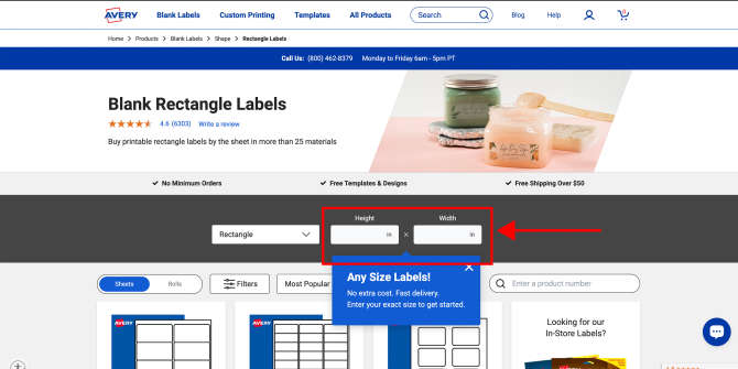 A screenshot of the Avery website displaying the Blank Rectangle Labels product page, with a highlighted section for entering custom height and width dimensions to create labels.