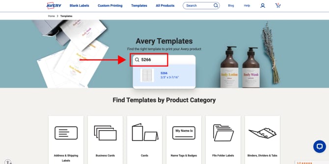 Avery Templates page highlighting a search bar with the template number "5266" entered, displaying corresponding label dimensions of 2/3" x 3-7/16". Below, categories like Address & Shipping Labels and File Folder Labels are shown, making it easy to find templates for different tasks like making file folder labels.