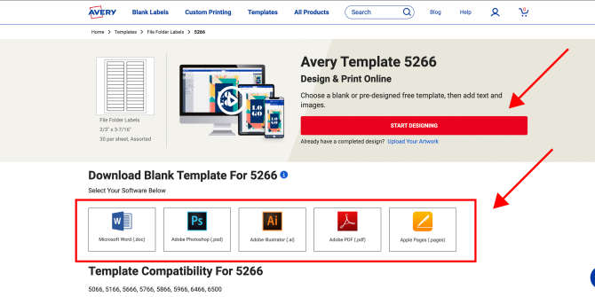 Avery Template 5266 page showing options to design file folder labels online or download blank templates compatible with software such as Microsoft Word, Adobe Photoshop, Adobe Illustrator, Adobe PDF, and Apple Pages. The page is designed to guide users on how to make file folder labels by selecting a template and customizing it to fit their needs.