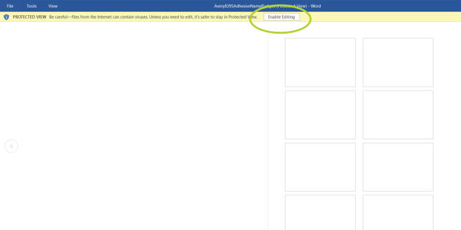 Screenshot of a Microsoft Word document in Protected View displaying an Avery name tag template. A yellow warning bar appears at the top, indicating 'Protected View: Be careful—files from the internet can contain viruses.' To the right of this warning, a green circle highlights the 'Enable Editing' button, prompting the user to click it to make changes to the document. The right side of the screen shows a grid layout for the name tags.