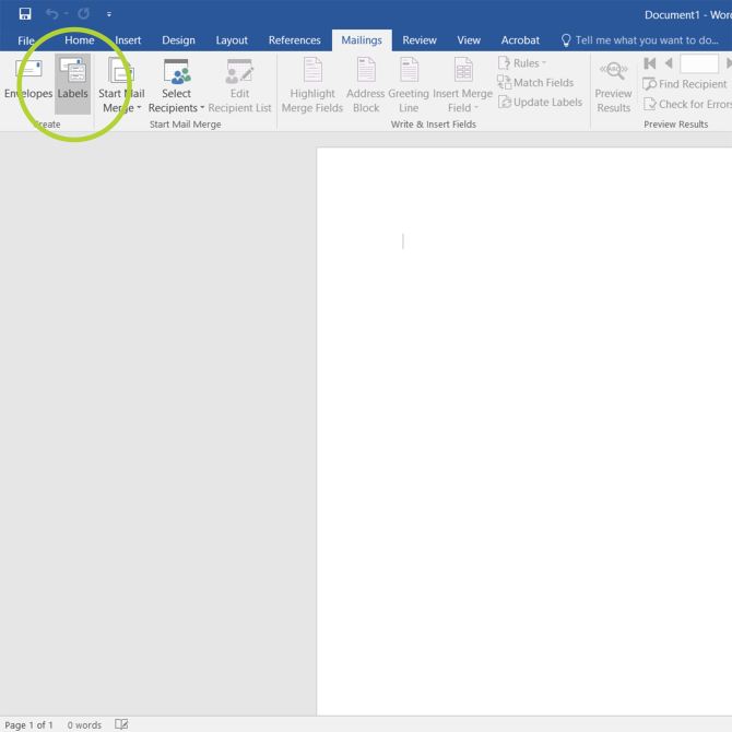 Screenshot of Microsoft Word with a blank document open, focusing on the 'Mailings' tab in the toolbar. The 'Labels' option is highlighted with a green circle, indicating where to click to create labels. The rest of the toolbar shows additional mail merge options such as 'Start Mail Merge,' 'Select Recipients,' and 'Address Block.' Other tabs visible in the interface include File, Home, Insert, and Design.