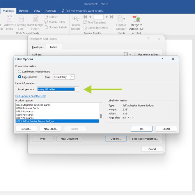 Screenshot of Microsoft Word showing the 'Label Options' dialog box open within the 'Envelopes and Labels' settings under the 'Mailings' tab. The dialog box displays options for selecting the label vendor and product number. 'Avery US Letter' is selected as the label vendor, and a green arrow points to the dropdown menu where this selection is made. The product list includes different Avery products, with '8395 Self-Adhesive Name Badges' highlighted. Information about the label dimensions and layout appears on the right side of the dialog box.