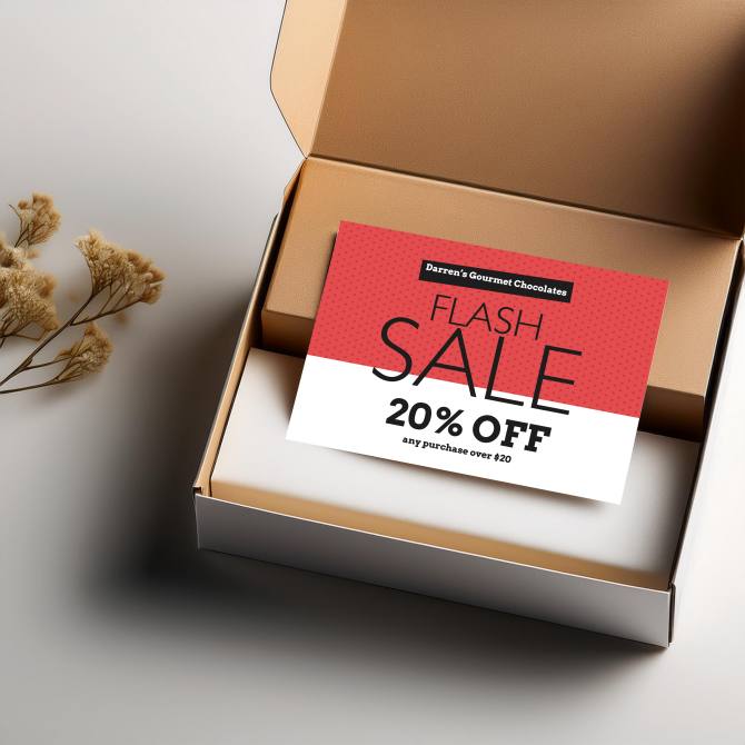 Image of a 5 x 7 postcard featuring a flash sale promotion with 20% off, placed inside an open box. The design uses an Avery postcard template, perfect for marketing campaigns.