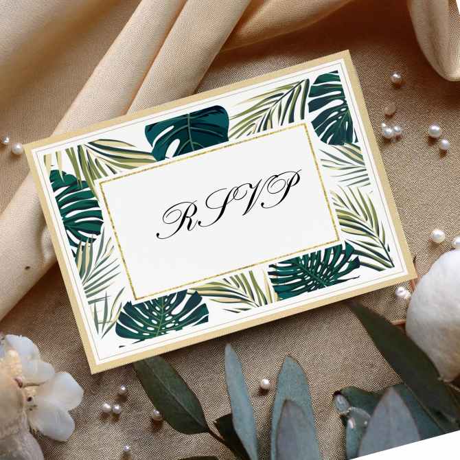 Image of a 3-15/16” x 5-3/16” postcard featuring an elegant RSVP design with a tropical leaf border and gold accents, perfect for special event invitations.