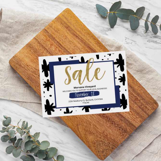 Image showing a 3-1/2” x 5” postcard featuring a stylish sale promotion design with gold accents and a modern border, created using an Avery postcard template, perfect for small business marketing.