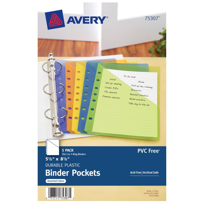 Madison Grondwet fysiek Avery® Mini Binder Pockets, Assorted Colors, Fits Mini 3-Ring Binders and 7-Ring  Binders, 5 Slash Jackets (75307) | Avery.com