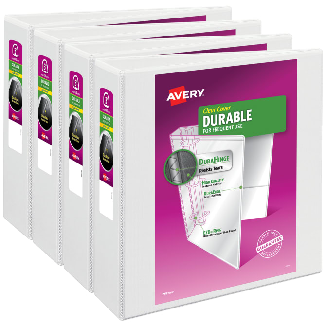 Avery Durable View 3 Ring Binders, 3 Inch EZD Rings, 4 White 