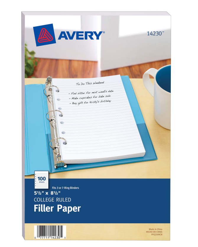 Avery Mini Binder Filler Paper College Ruled 5 1 2 X 8 1 2 100 Sheets 14230
