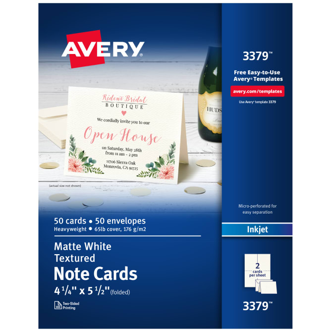 Avery(R) Note Cards with Envelopes, 4-1/4 x 5-1/2, Textured White, 50  Blank Note Cards for Inkjet Printers (3379)