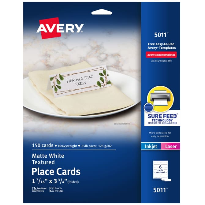 Avery® Printable Place Cards with Sure Feed® Technology, 1-7/16 x 3-3/4,  White with Gold Border, 150 Place Cards (35701)