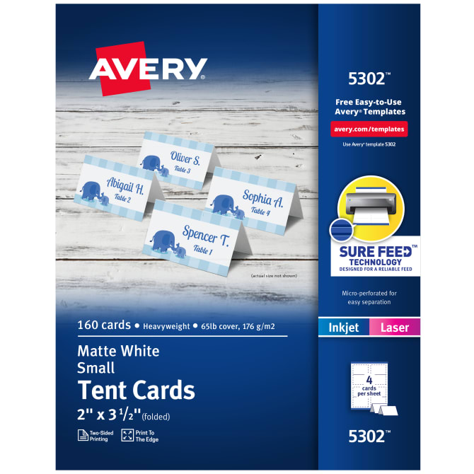 Avery® Printable Small Tent Cards with Sure Feed® Technology, 2 x 3-1/2,  White, 160 Blank Place Cards (5302)