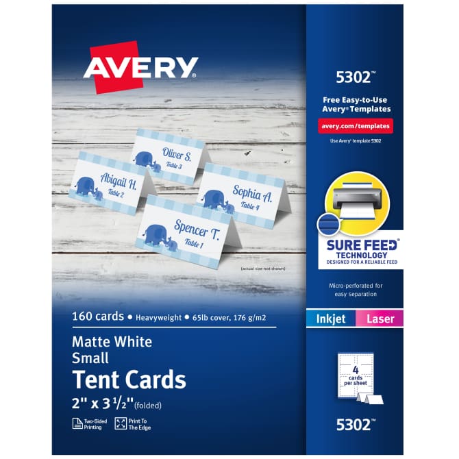 Avery® Printable Small Tent Cards with Sure Feed® Technology, 2 x 3-1/2,  White, 160 Blank Place Cards (5302)