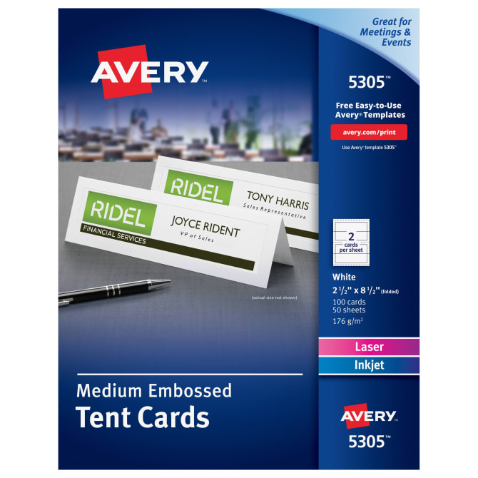 Avery Medium Tent Cards Embossed Uncoated Two Sided Printing 2 1 2 X 8 1 2 100 Cards 5305