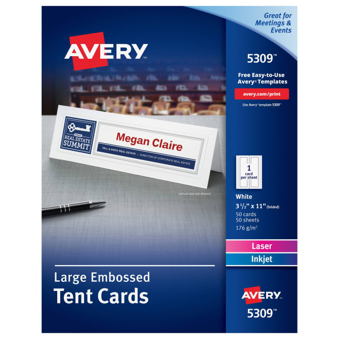 Avery Large Tent Cards Uncoated Embossed Two Sided Printing 3 1 2 X 11 50 Cards 5309