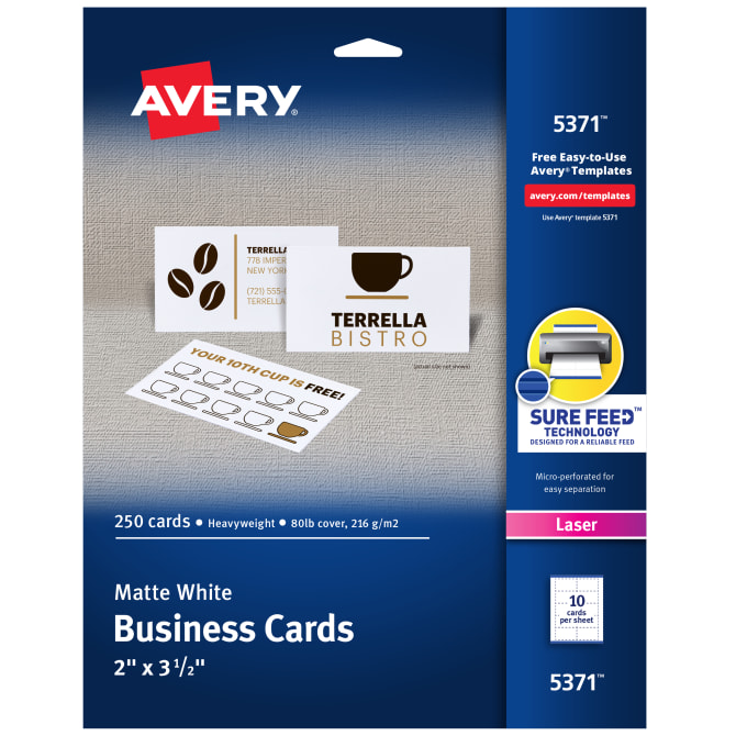Avery® Printable Business Cards with Sure Feed™, 2 x 3.5, White, 250  Blank Cards for Laser Printers (5371)
