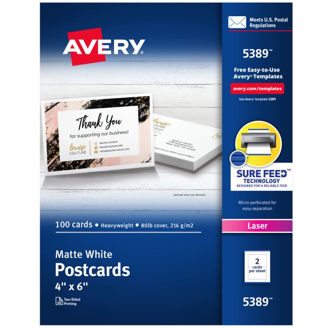 Avery® Printable Postcards with Sure Feed® Technology, 4 x 6, White, 100  Blank Postcards for Laser Printers (5389)