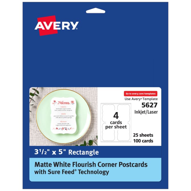 Avery® Postcards with Scalloped Corners and Sure Feed® Technology, 3-1/2" x  5", Matte White, 100 Cards Total, Laser/Inkjet Printable Cards (5626) |  Avery.com